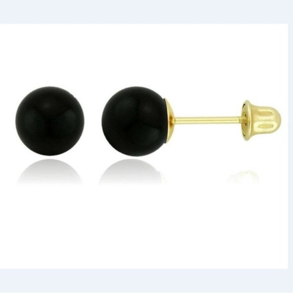 14K Solid Yellow Gold Genuine Black Onyx Ball Screw Back Stud Earrings Size 6mm